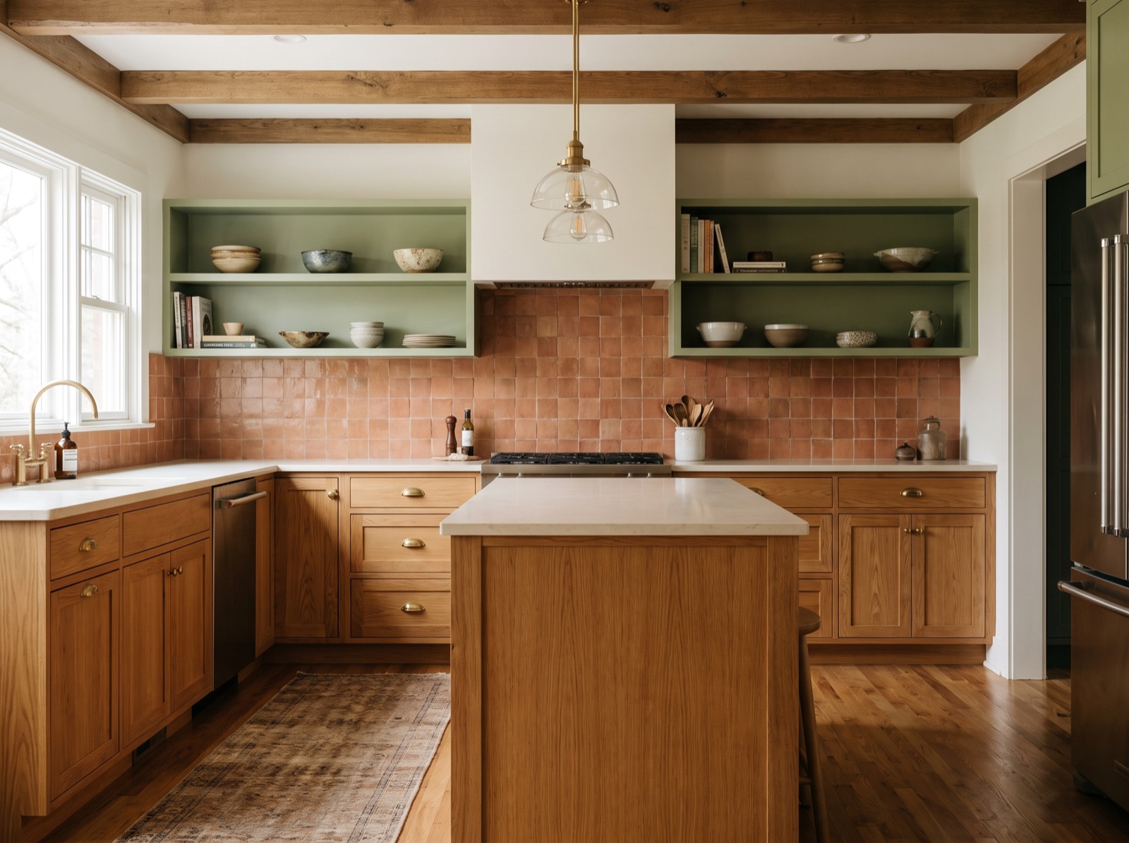 Renovated kitchen after: oak cabinets, terracotta tile backsplash, brass fixtures