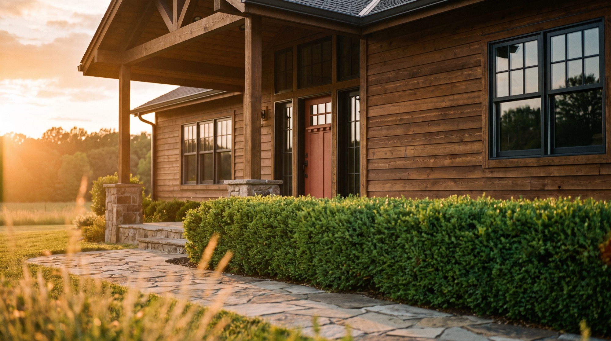 A renovated craftsman-style home exterior at golden hour with warm oak siding and a terracotta front door