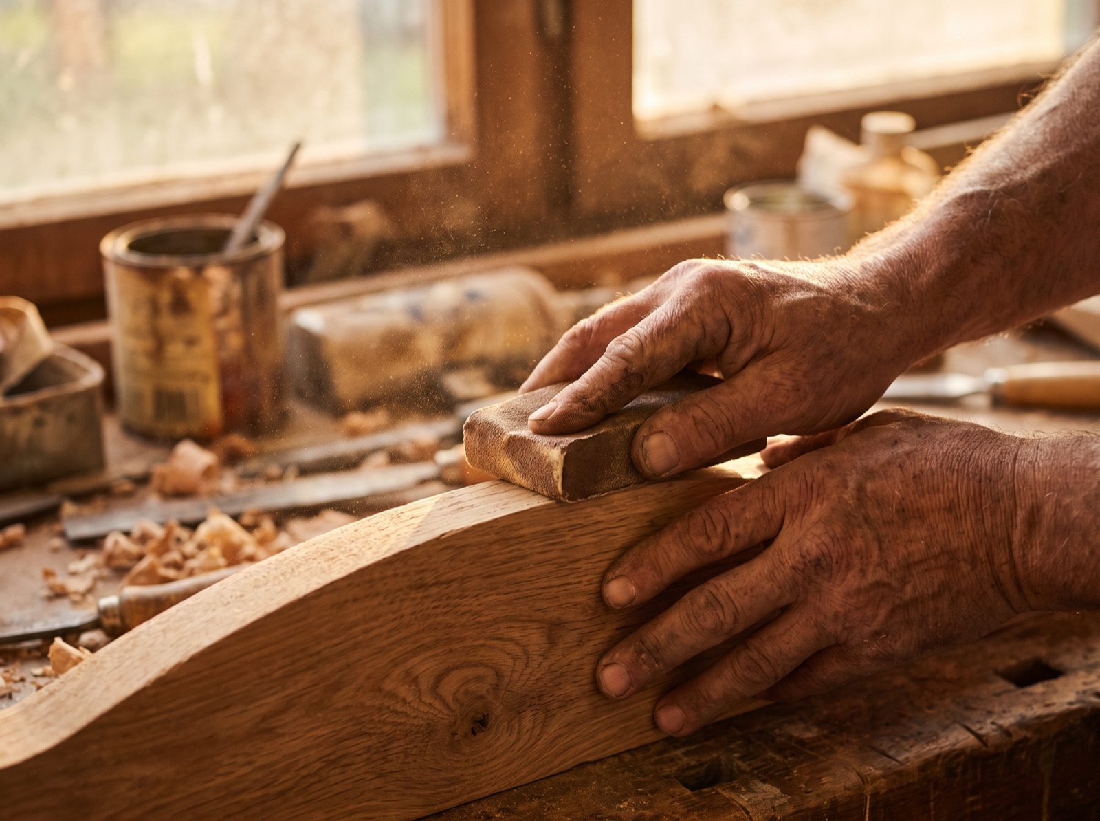 Close-up of hands sanding a piece of oak wood on a workbench