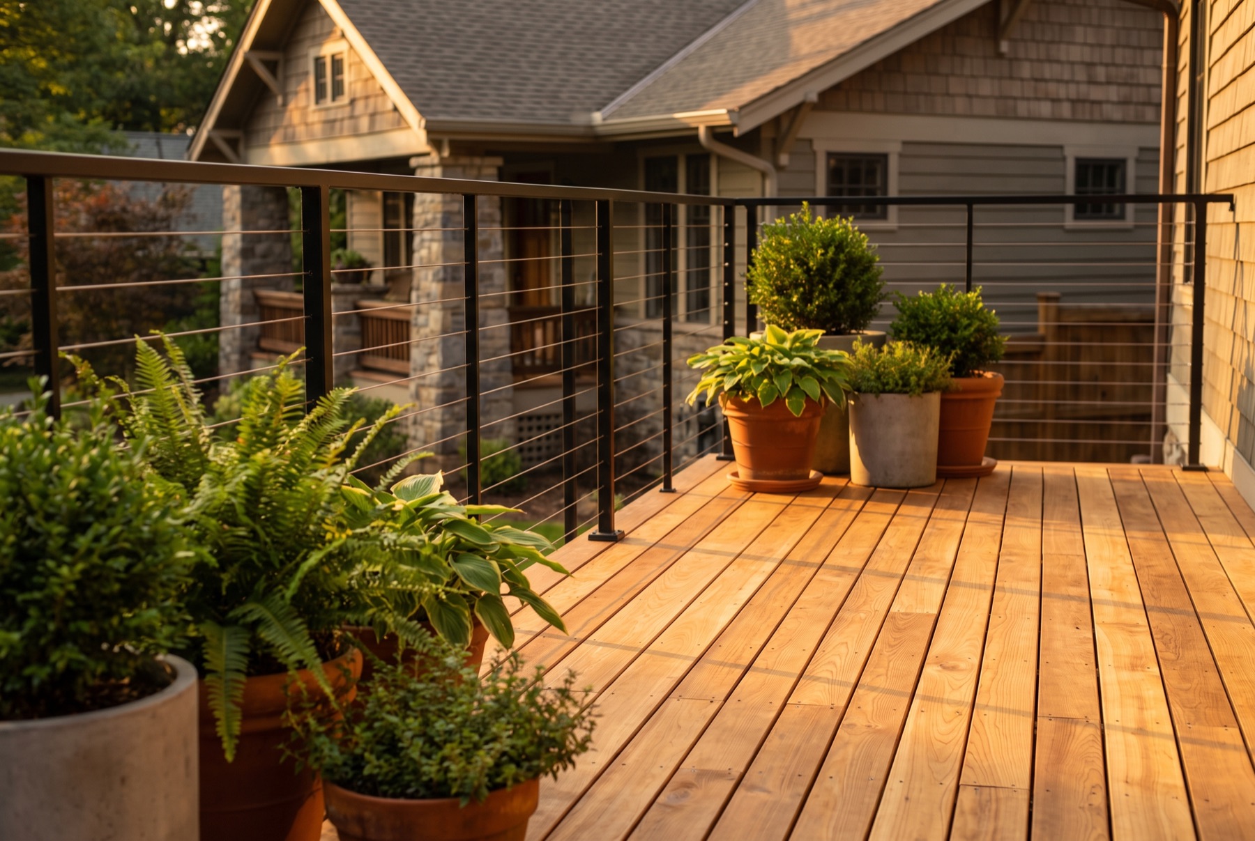 Newly built cedar deck with cable railing at golden hour