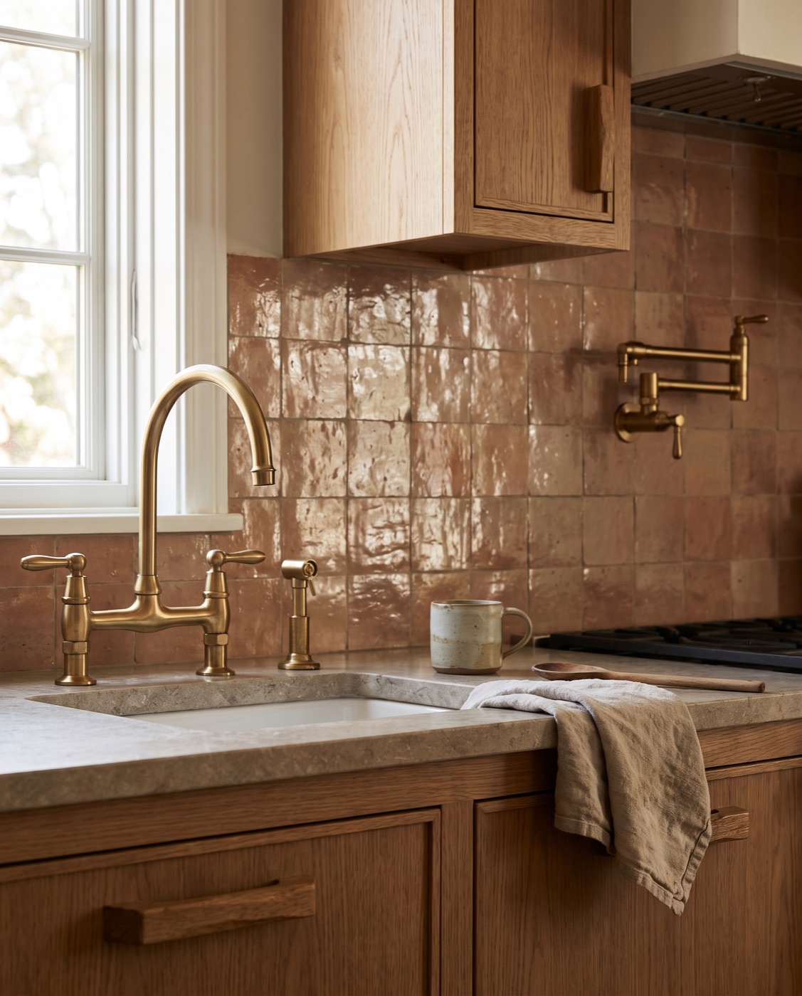Renovated kitchen detail with oak cabinetry and terracotta tile backsplash