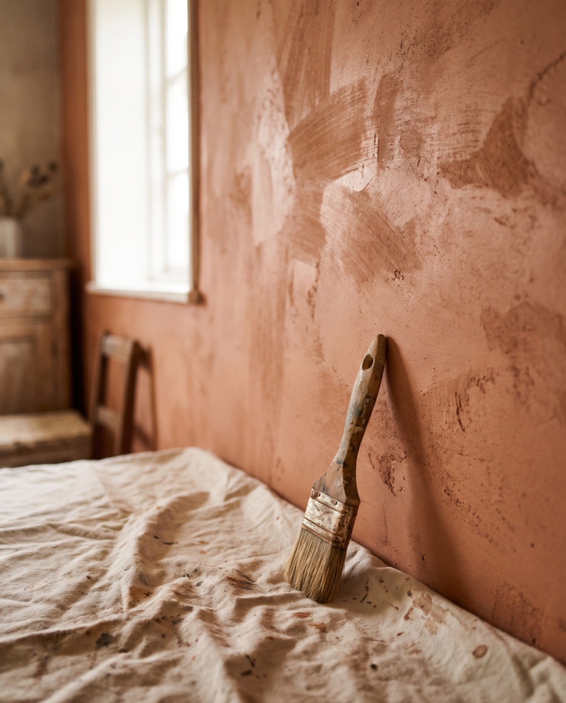 Close-up of a hand-painted terracotta wall with visible brush texture